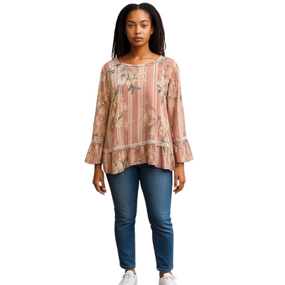 Melissa Paige Floral Blouse Sheer Striped Ruffle Hem Bohemian Boho Chic Large